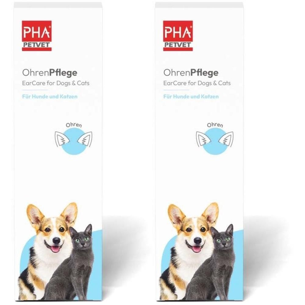 Zwei Packungen PHA OhrenPflege Tropfen. Weiße Verpackung mit Logo, Produktname, Illustrationen von Hund und Katze.