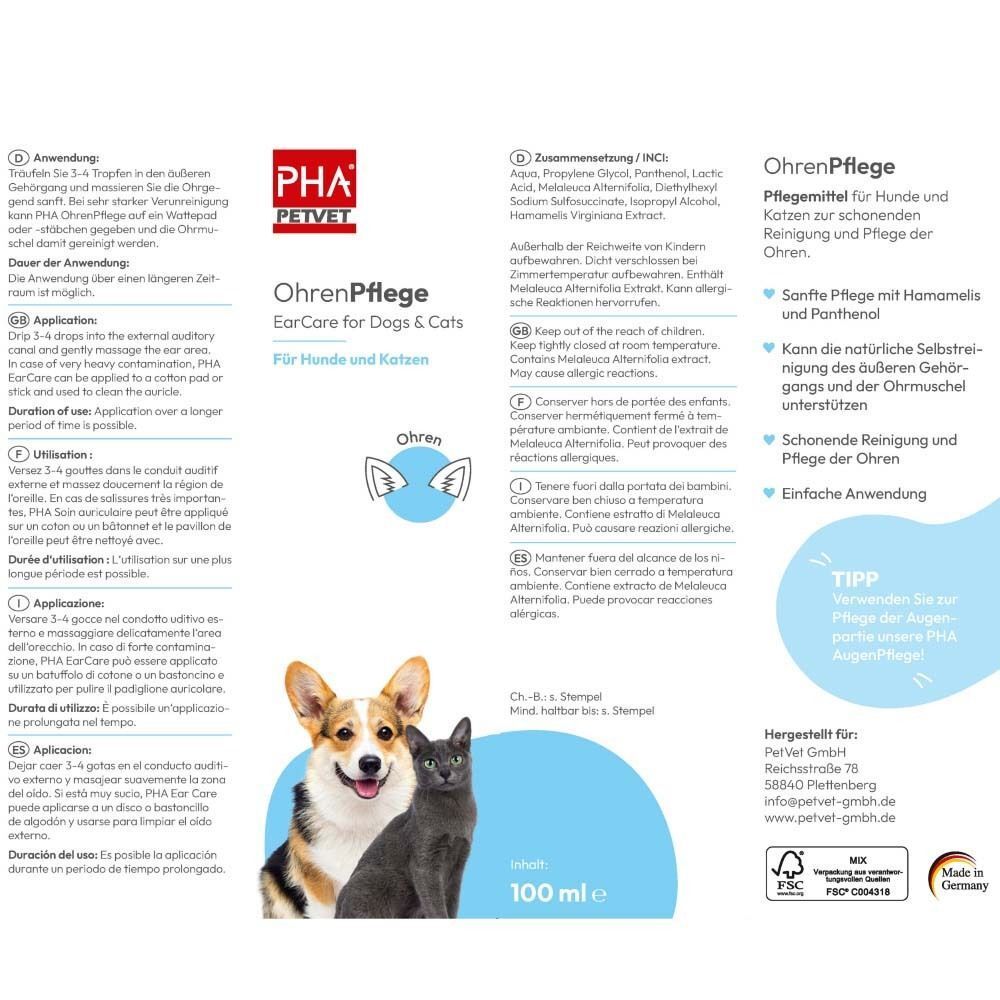Produktverpackung mit Text und Illustrationen. Enthält Informationen zur Anwendung und Inhaltsstoffe. 100 ml.