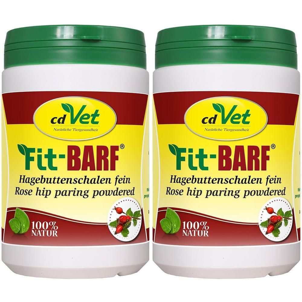 Zwei Dosen mit grünem Deckel und rotem Etikett. Aufschrift: Fit-BARF, Hagebuttenschalen fein, 100% Natur. Marke: cdVet.