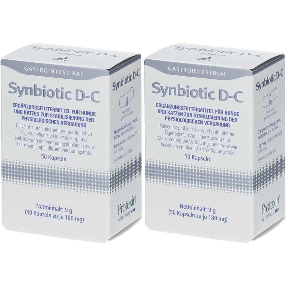 Zwei weiße Kartons mit der Aufschrift "Synbiotic D-C". Text in deutscher Sprache. 50 Kapseln pro Packung.