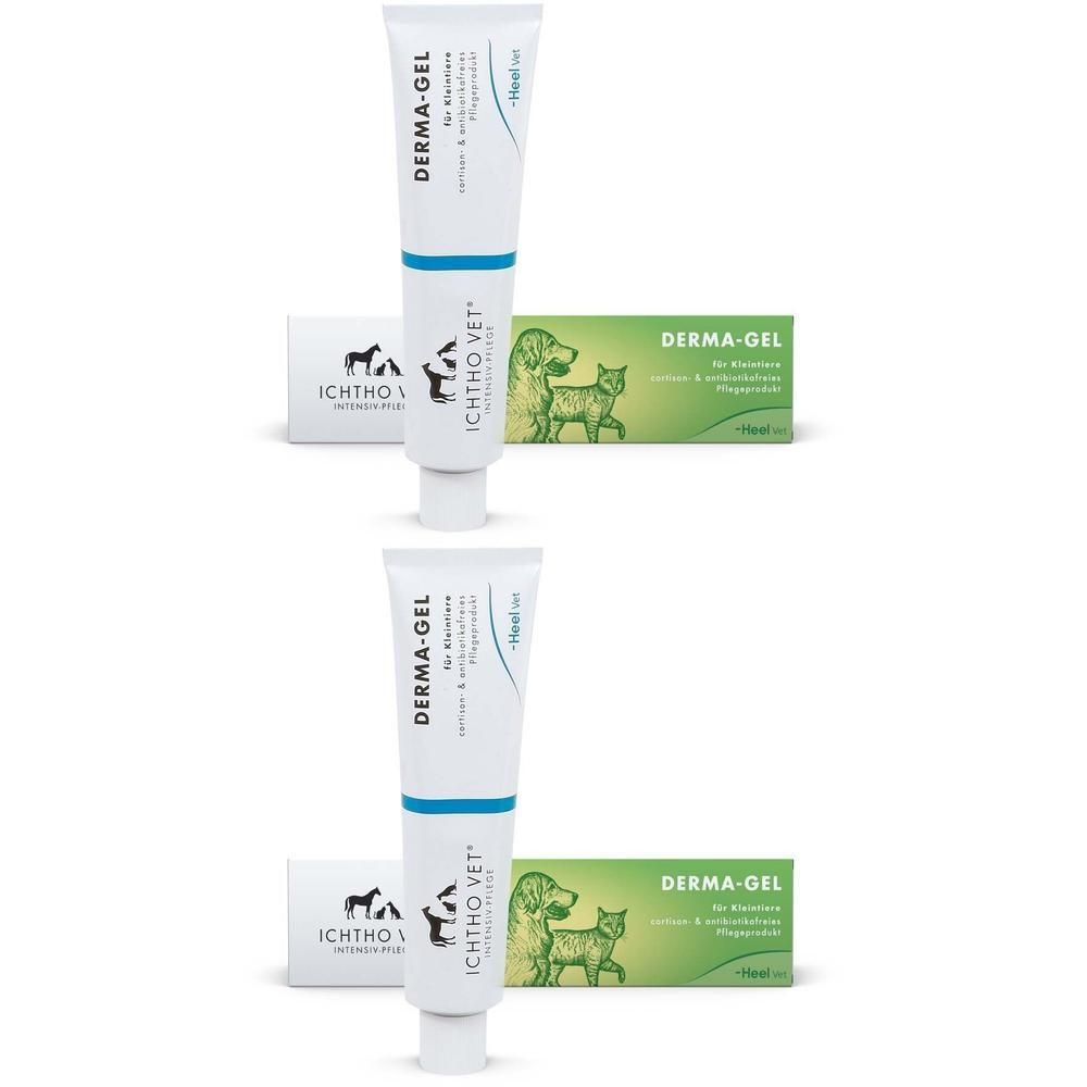 Zwei Tuben und zwei Schachteln ICHTHO VET® DERMA-GEL für Kleintiere. Weiße Tuben mit blauem Streifen und Schriftzug. Schachteln mit Produktnamen.