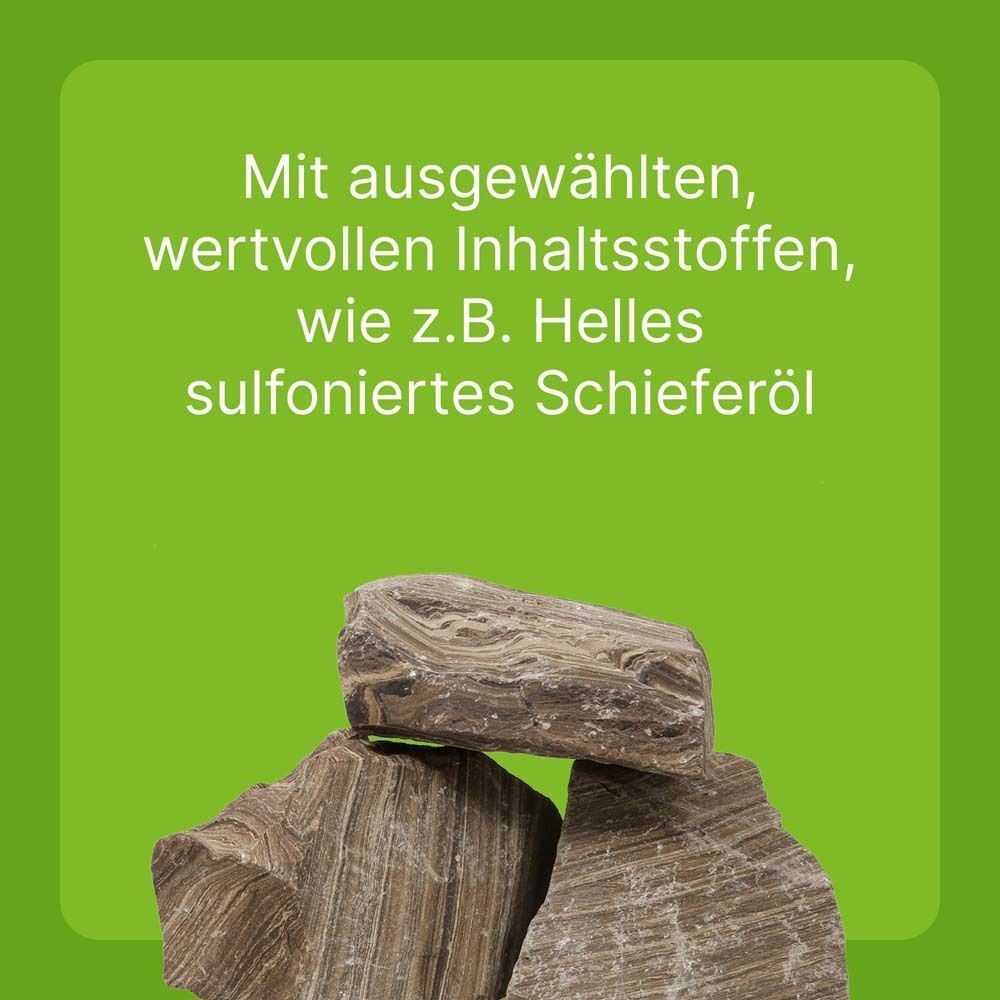 Drei Steine auf grünem Hintergrund. Text: 'Mit ausgewählten, wertvollen Inhaltsstoffen, wie z.B. Helles sulfoniertes Schieferöl'.