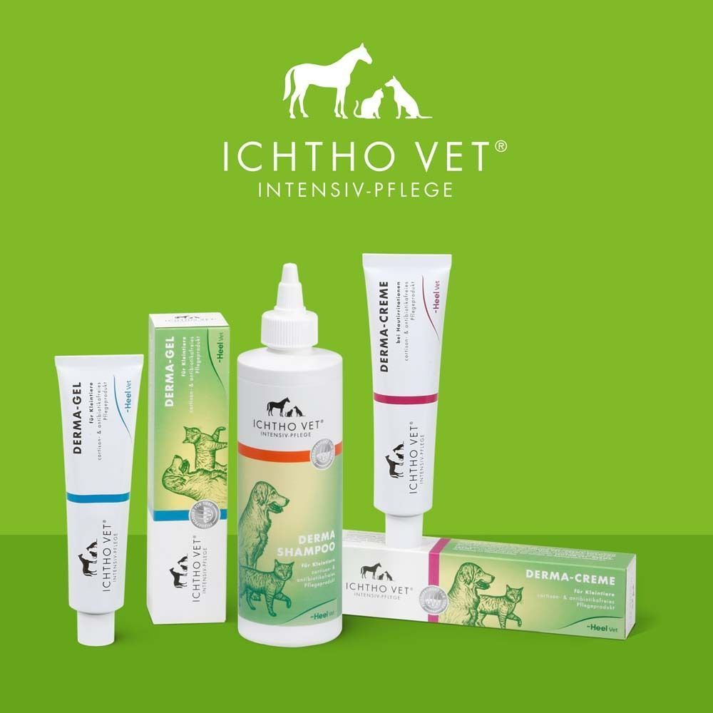 Verschiedene Produkte der Marke ICHTHO VET®: DERMA-GEL, DERMA-CREME, DERMA-SHAMPOO. Verpackungen mit Produktnamen und Logos.