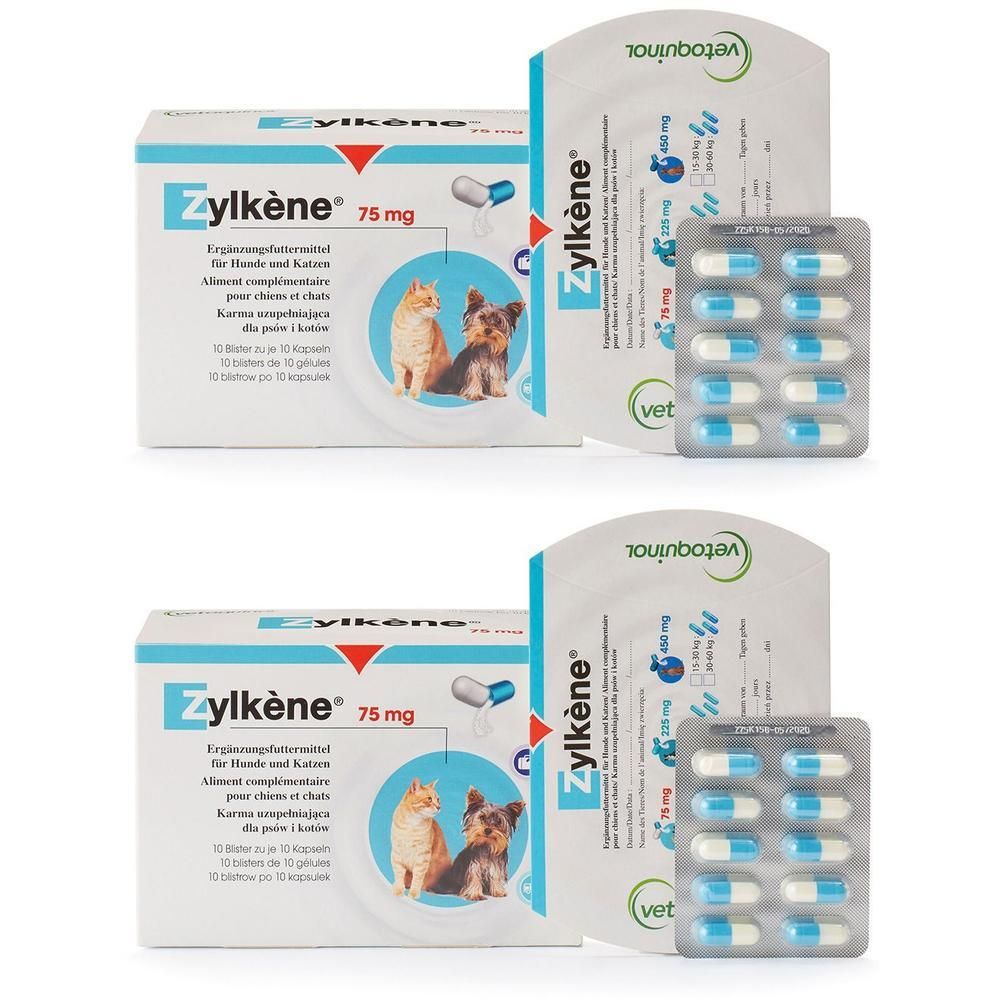 Zwei Packungen Zylkène Kapseln. Eine Schachtel und eine Blisterpackung mit Kapseln. Aufschrift: 75 mg.