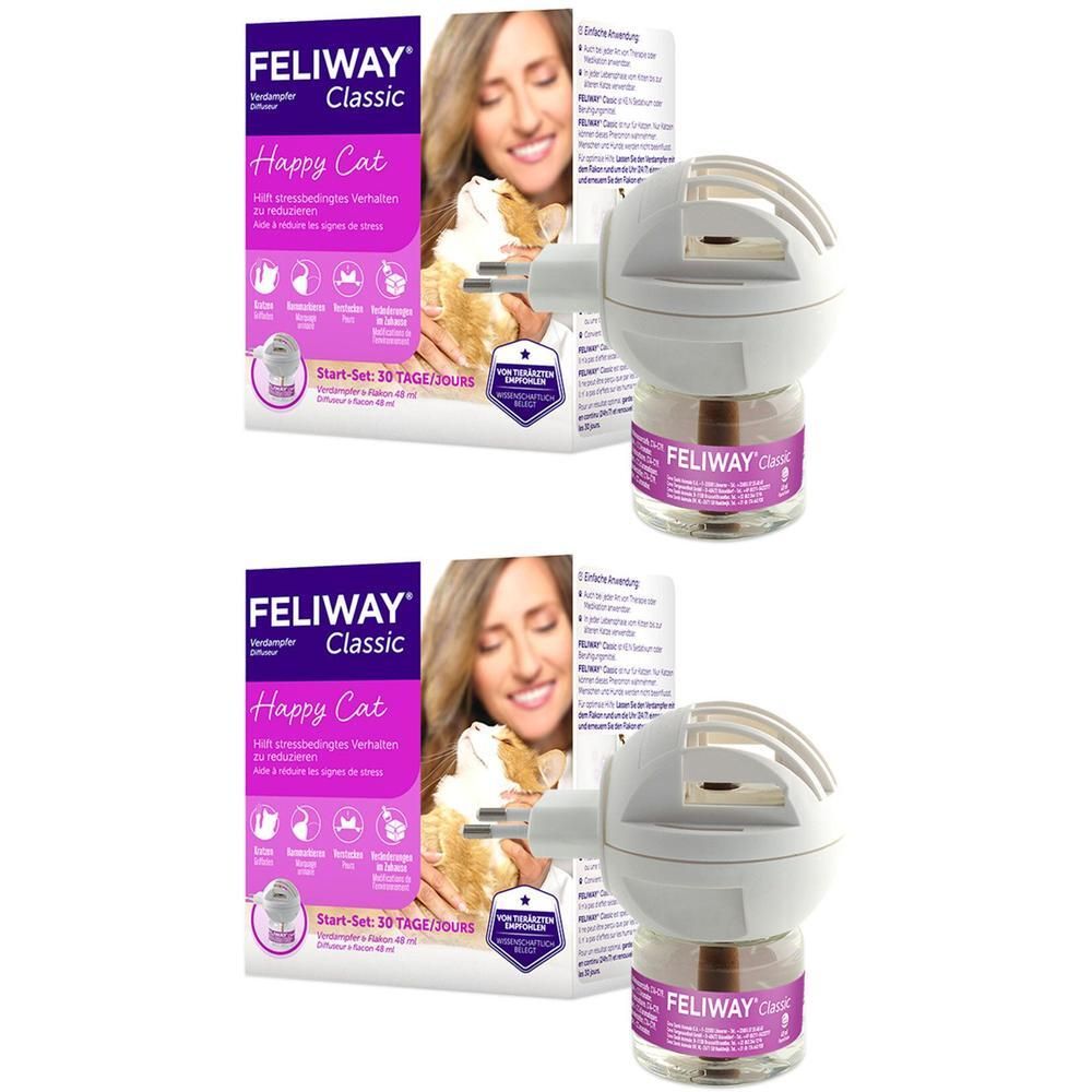 Zwei FELIWAY Classic Start-Set-Verpackungen und Diffusoren. Verpackung mit Produktbild und Text. Diffusoren weiß mit Flasche.