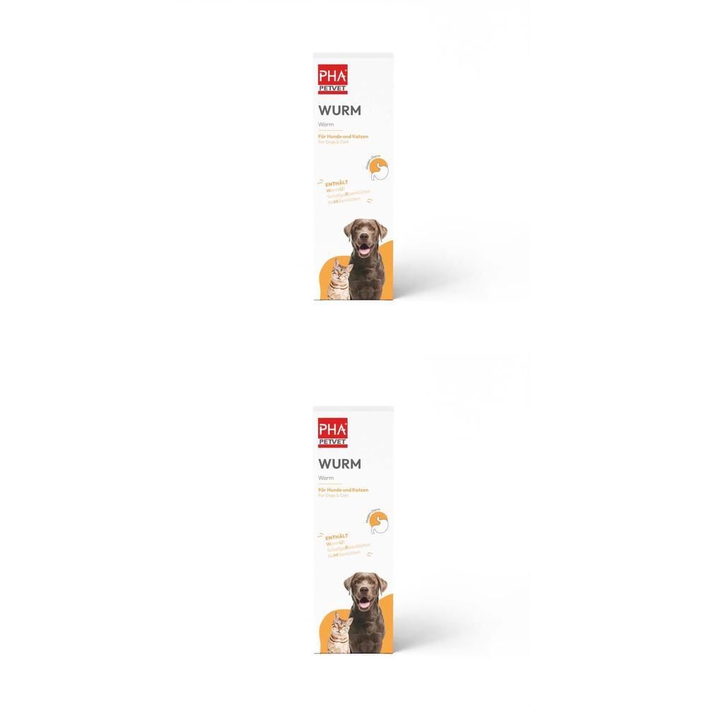 Zwei identische Verpackungen. Weiß, mit rotem Logo und Produktnamen. Abbildung eines Hundes.