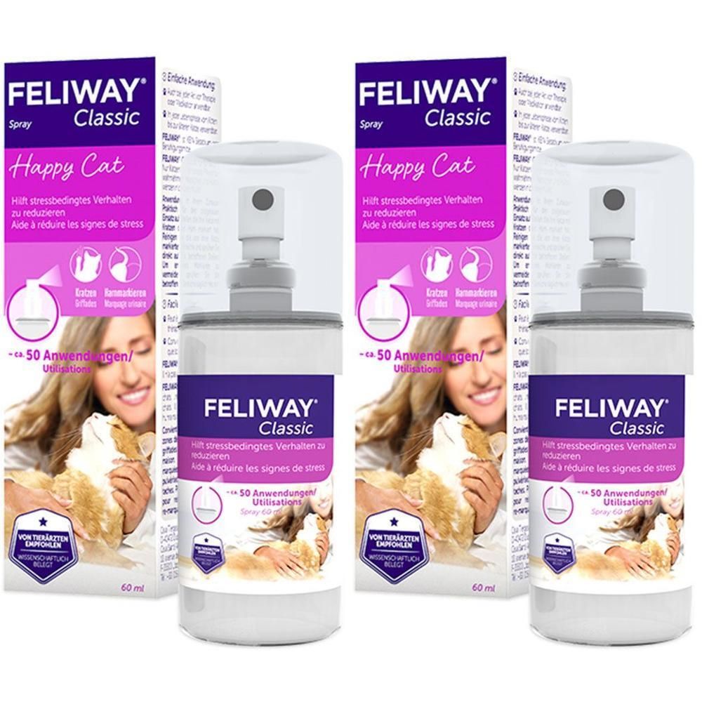 Mehrere Flaschen FELIWAY CLASSIC Spray mit Verpackung. Aufdruck: Happy Cat, reduziert stressbedingtes Verhalten.
