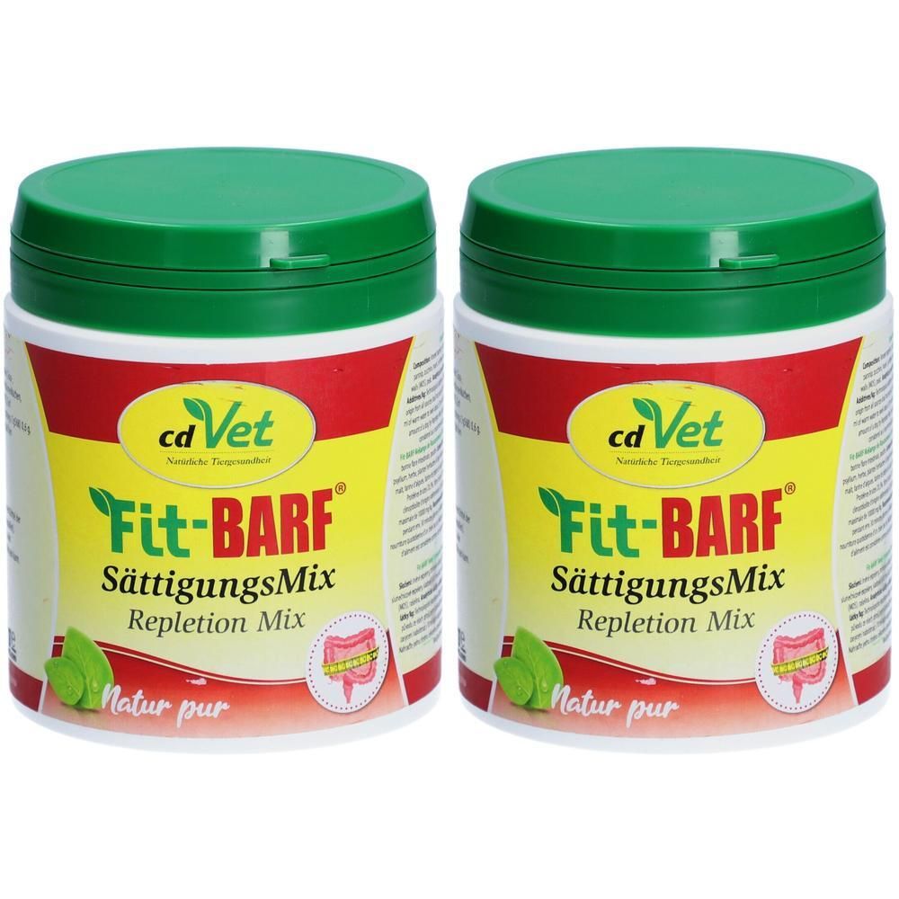 Zwei Dosen „Fit-BARF SättigungsMix“ mit grünem Deckel. Aufschrift: cdVet, Fit-BARF, SättigungsMix, Repletion Mix, Natur pur. Abbildung des Darms.