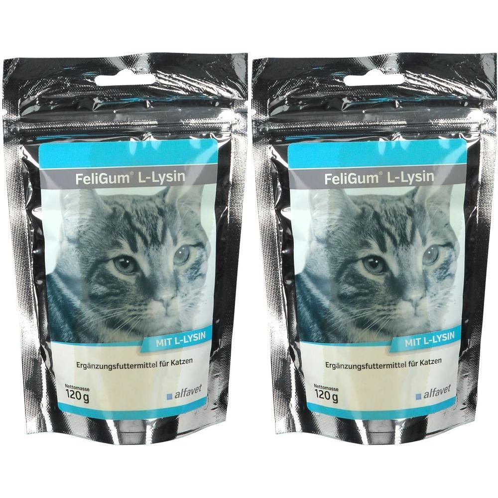 Zwei Beutel FELIGUM L-Lysin. Aufdruck: Katze, Produktname, Ergänzungsfuttermittel für Katzen, 120g. Marke: alfavet.