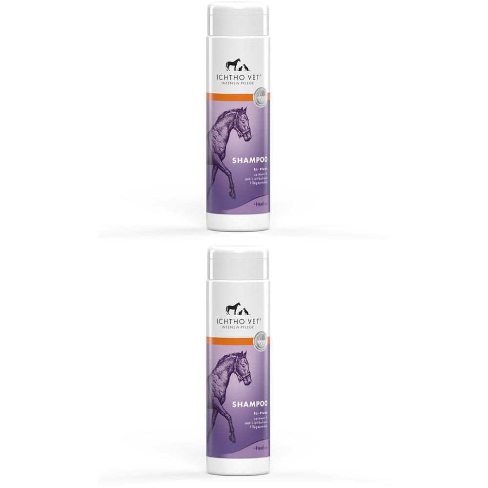 Zwei Flaschen ICHTHO VET Shampoo f.Pferde. Weiße Flaschen mit Etikett, Produktabbildung und Schriftzug. Deckel oben.