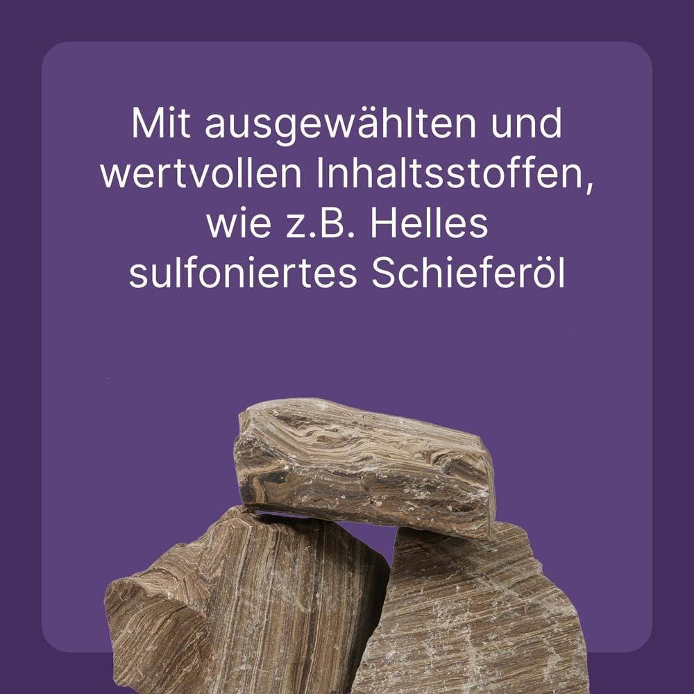 Drei Steine. Text: Mit ausgewählten und wertvollen Inhaltsstoffen, wie z.B. Helles sulfoniertes Schieferöl.