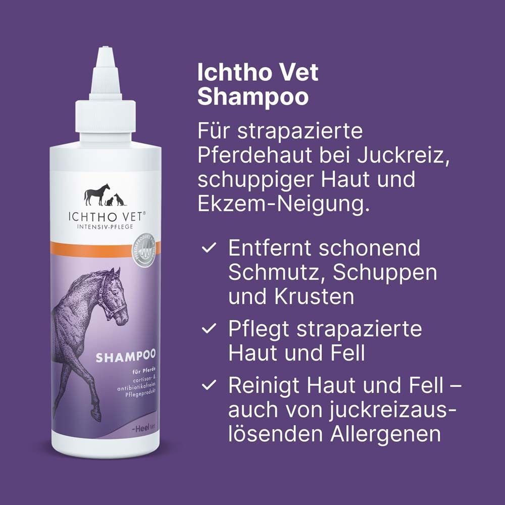 Flasche ICHTHO VET Shampoo. Text: Für strapazierte Pferdehaut bei Juckreiz, schuppiger Haut und Ekzem-Neigung.