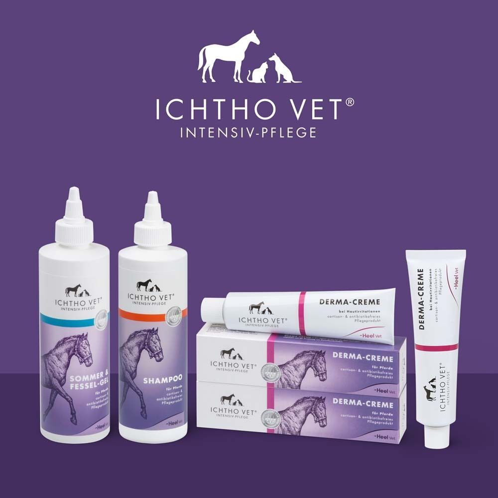 Verschiedene Produkte von ICHTHO VET: Shampoo, Derma-Creme und weitere Produkte.