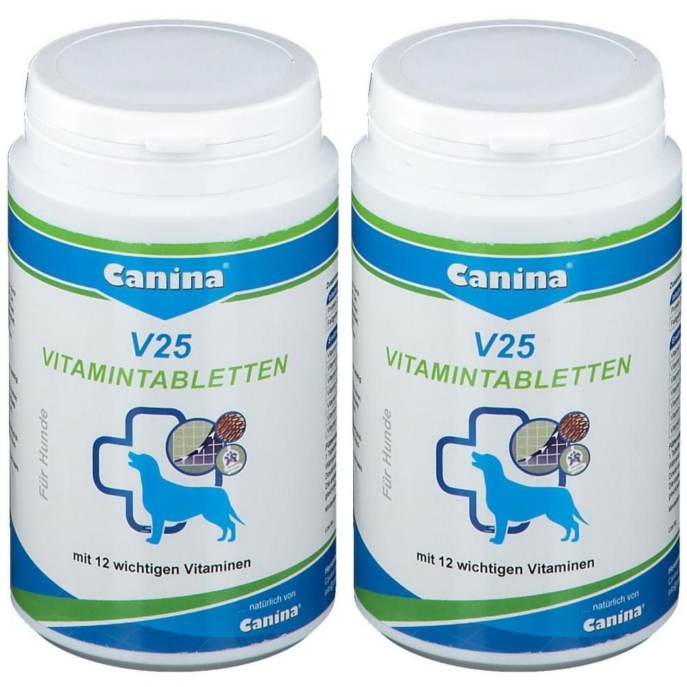 Zwei weiße Dosen mit blau-grüner Beschriftung. Aufschrift: Canina V25 Vitamintabletten. Mit Hund-Symbol und Text: mit 12 wichtigen Vitaminen.