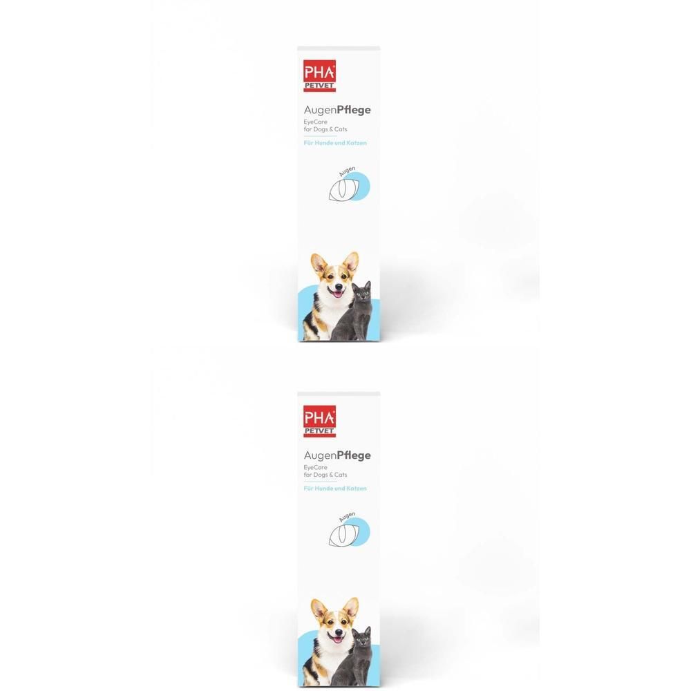 Zwei identische, längliche Produktverpackungen. Aufdruck: PHA, AugenPflege, für Hunde und Katzen, Abbildung von Hund und Katze.