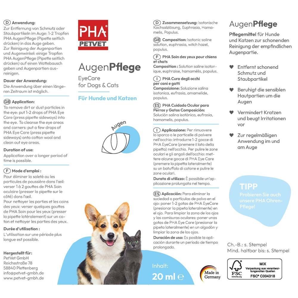 Produktverpackung mit Text: AugenPflege, EyeCare for Dogs & Cats. Abbildung von Hund und Katze. Text und Illustrationen.