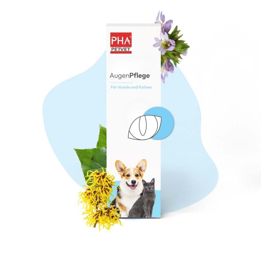 Produktverpackung mit Text: AugenPflege, EyeCare for Dogs & Cats. Abbildung von Hund und Katze. Blumen und Blätter.