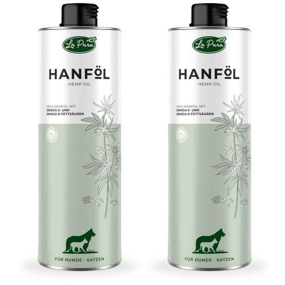 Zwei Flaschen Hanföl. Aufschrift: Hanföl, für Hunde und Katzen. Logo: La Pura. Schwarzer Deckel.