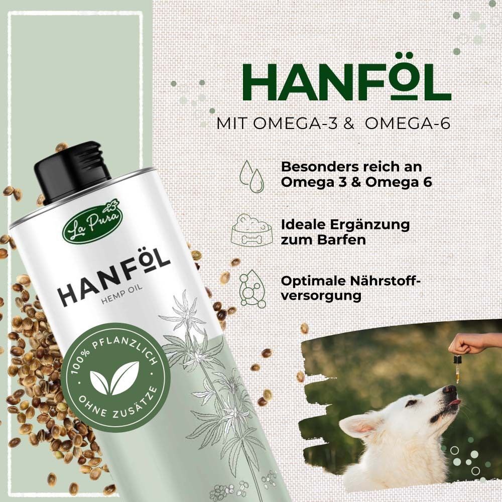 Hanfölflasche mit Text und Icons. Aufschrift: Hanföl, mit Omega-3 & Omega-6. Logo: La Pura. Hund trinkt Öl.