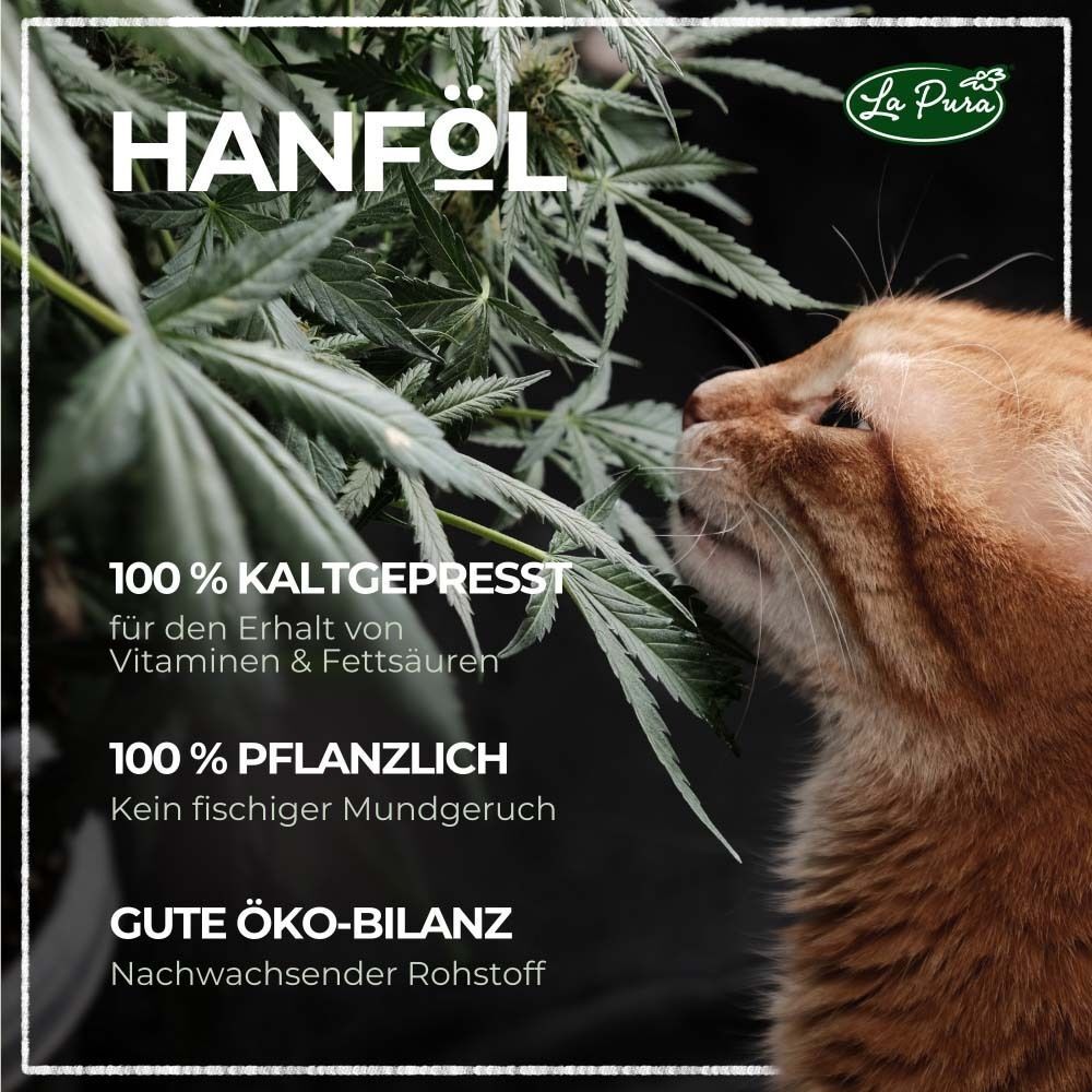 Hanfölflasche mit Katze und Hanfblättern. Aufschrift: 100% kaltgepresst, 100% pflanzlich. Logo: La Pura.