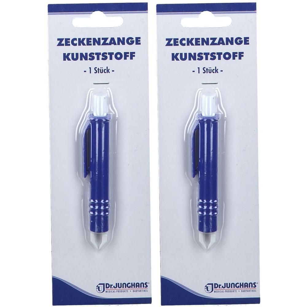 Zwei Zeckenzangen aus Kunststoff in Blisterverpackung. Blaue Stifte mit weißem Kopf. Aufschrift: Zeckenzange Kunststoff, 1 Stück. Marke: Dr.Junghans.