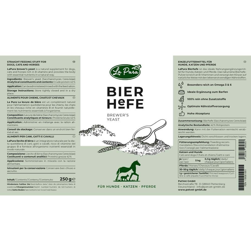 Text: La Pura Bierhefe, Brewer's Yeast. Illustration: Löffel, Pferde. Text in Deutsch, Inhaltsangaben, Anwendung.