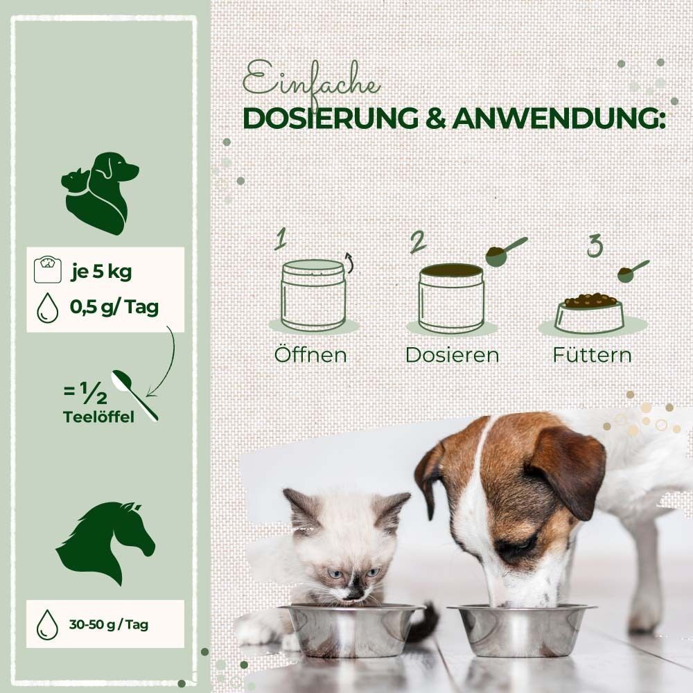 Illustration: Dosierung & Anwendung. Schritte: Öffnen, Dosieren, Füttern. Hunde, Katze, Pferd.