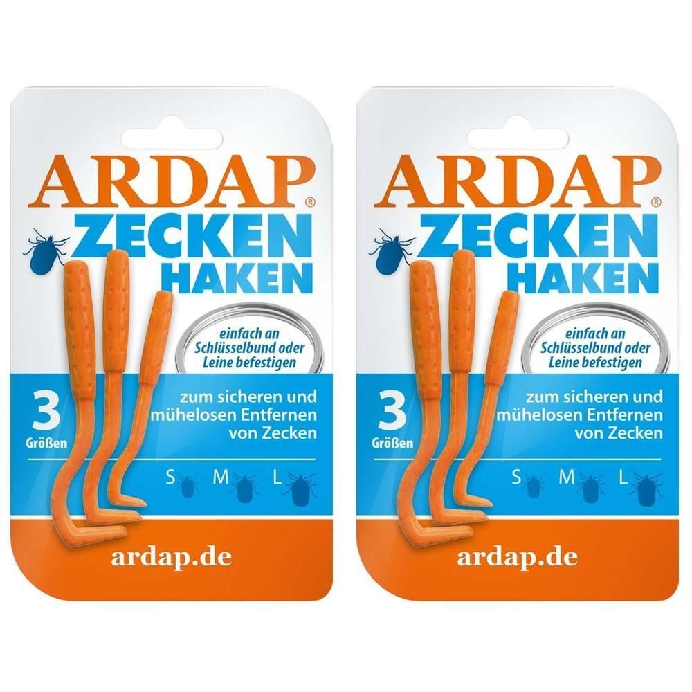 Zwei Blisterpackungen mit je drei orangefarbenen Zeckenhaken. Aufschrift: ARDAP Zeckenhaken, 3 Größen S, M, L.