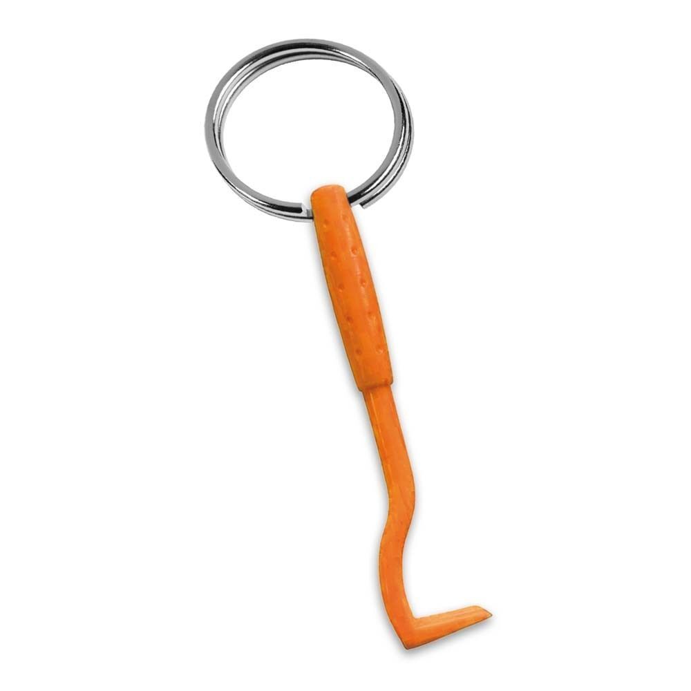 Ein einzelner, orangefarbener Zeckenhaken an einem Schlüsselring.