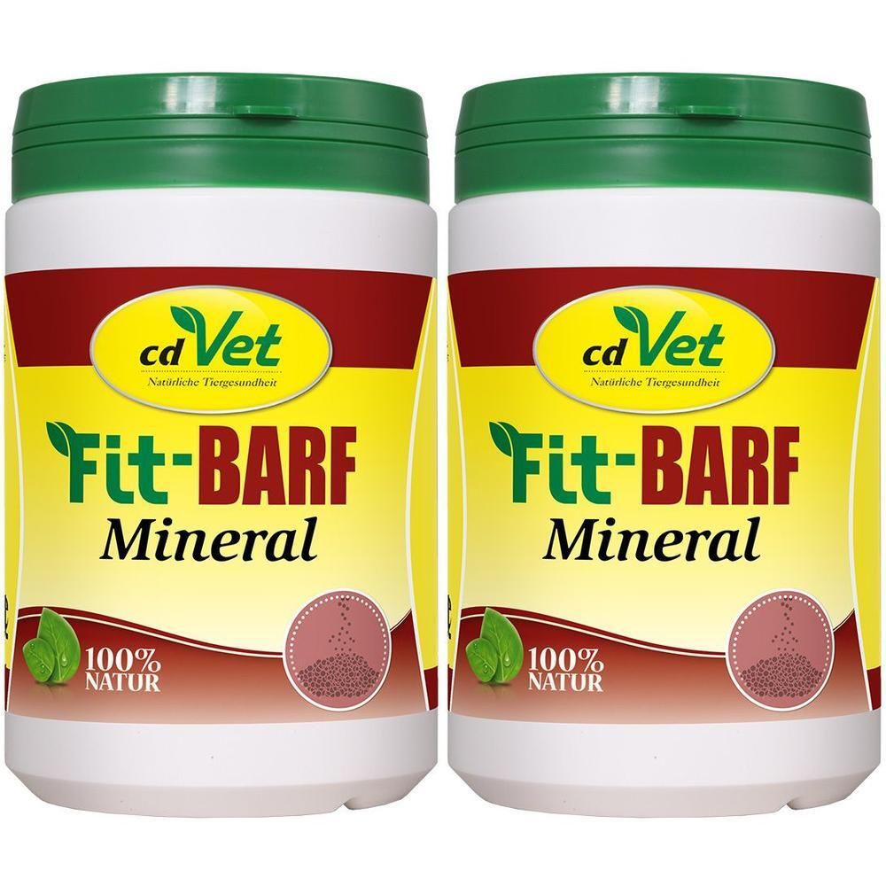 Zwei weiße Dosen mit grünem Deckel. Auf gelbem Hintergrund steht "Fit-BARF Mineral". Logo: cdVet. Text: 100% Natur. Roter und brauner Hintergrund.