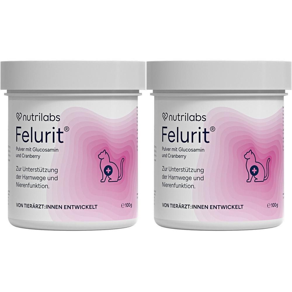 Zwei weiße Dosen mit Deckel. Aufschrift: Felurit, nutrilabs. Rosa Hintergrund mit Katzen-Silhouette. Text: Zur Unterstützung der Harnwege und Nierenfunktion.