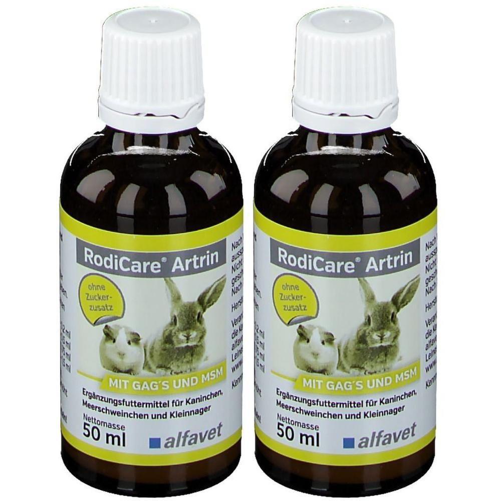 Zwei Flaschen RodiCare Artrin. Braune Flüssigkeit in Glasflaschen mit weißen Deckeln. Etikett mit Produktnamen, Kaninchen-Illustration und Text.