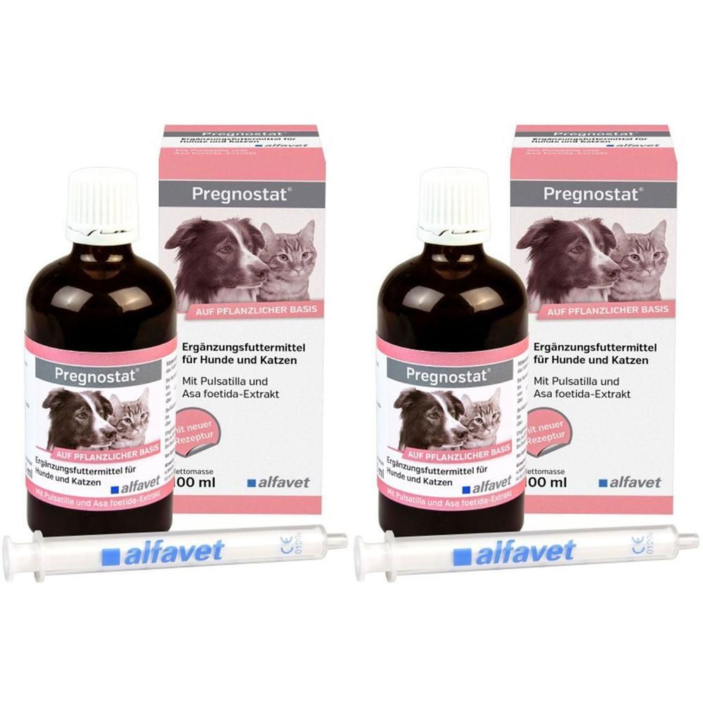 Zwei Flaschen und Verpackungen mit der Aufschrift "Pregnostat". Enthält Ergänzungsfuttermittel für Hunde und Katzen. Inklusive Spritzen.