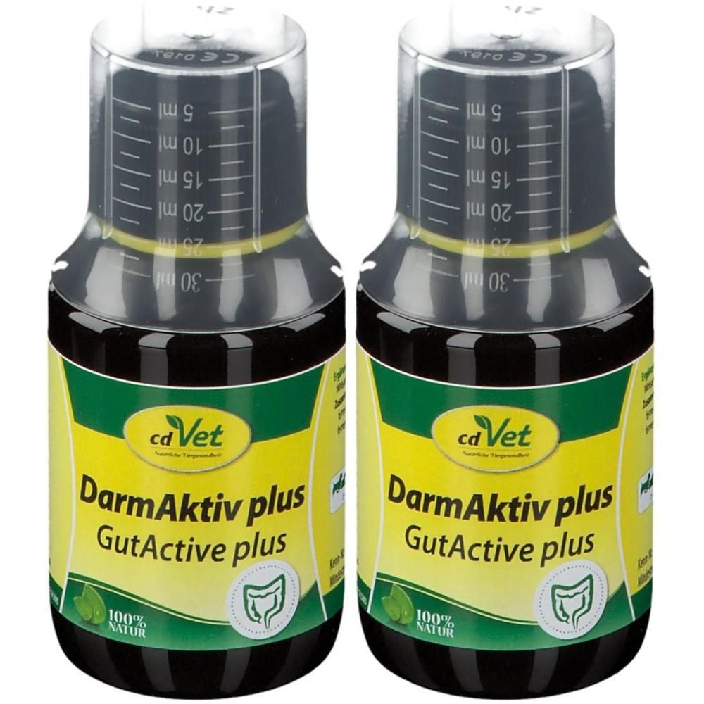 Zwei Flaschen mit Messbechern. Aufschrift: DarmAktiv plus, GutActive plus. Marke: cdVet. 100% Natur.