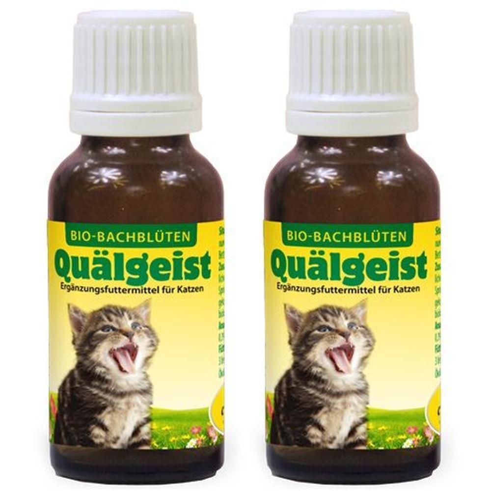 Zwei braune Glasflaschen mit weißem Deckel. Auf gelbem Etikett: BIO-BACHBLÜTEN Quälgeist, Ergänzungsfuttermittel für Katzen. Bild einer Katze.