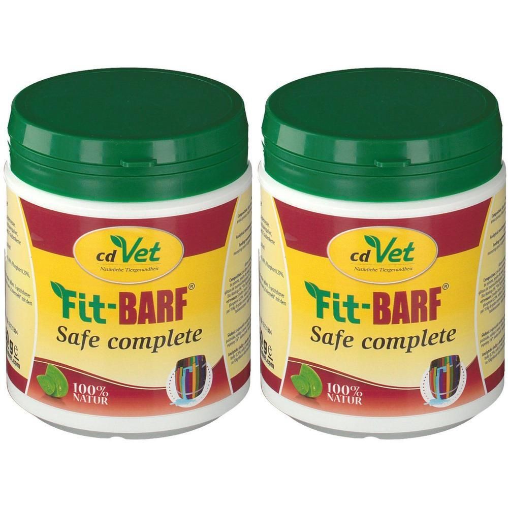 Zwei Dosen FIT-BARF Safe complete. Weiße Behälter mit grünem Deckel. Gelbes Etikett mit Schriftzug und Logo.