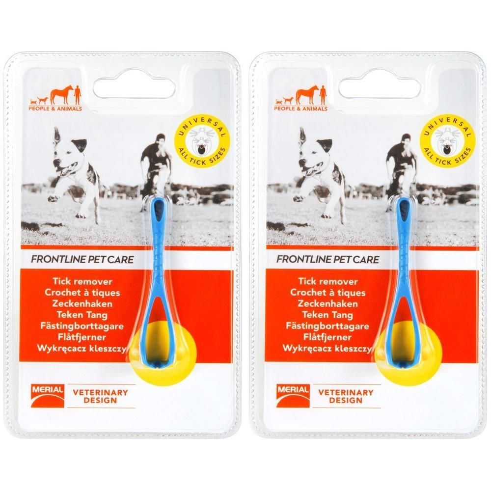 Zwei FRONTLINE PET CARE Zeckenhaken in Blisterverpackung. Blaue Griffe, gelbe Haken. Text: Tick remover, Crochet à tiques, Zeckenhaken, etc.