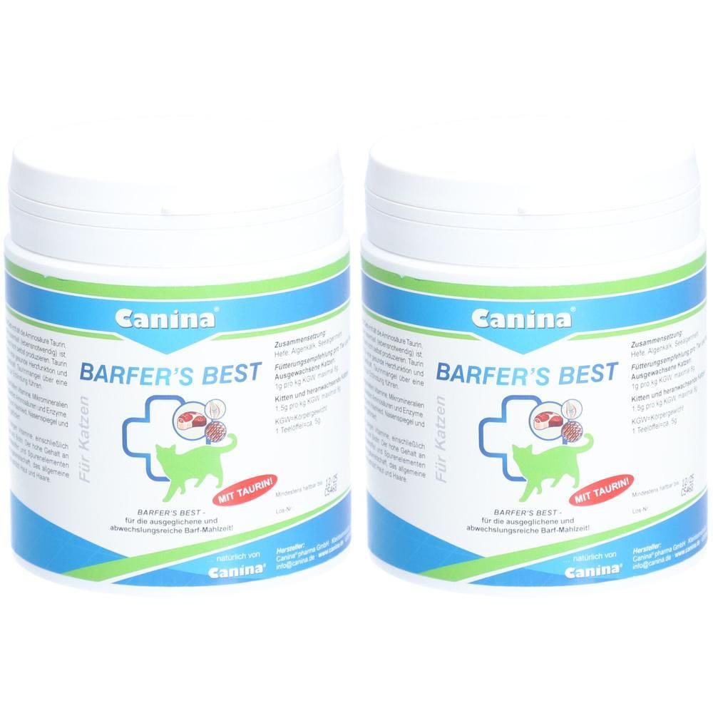 Zwei weiße Dosen mit blau-grüner Beschriftung. Aufschrift: BARFER'S BEST, Canina. Mit Katzen-Illustration und Text.