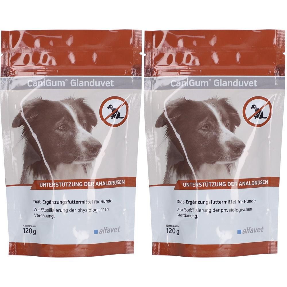 Zwei Beutel CANIGUM Glanduvet. Aufdruck: Hundeportrait, Text, 120g, alfavet. Braune und weiße Verpackung mit Reißverschluss.