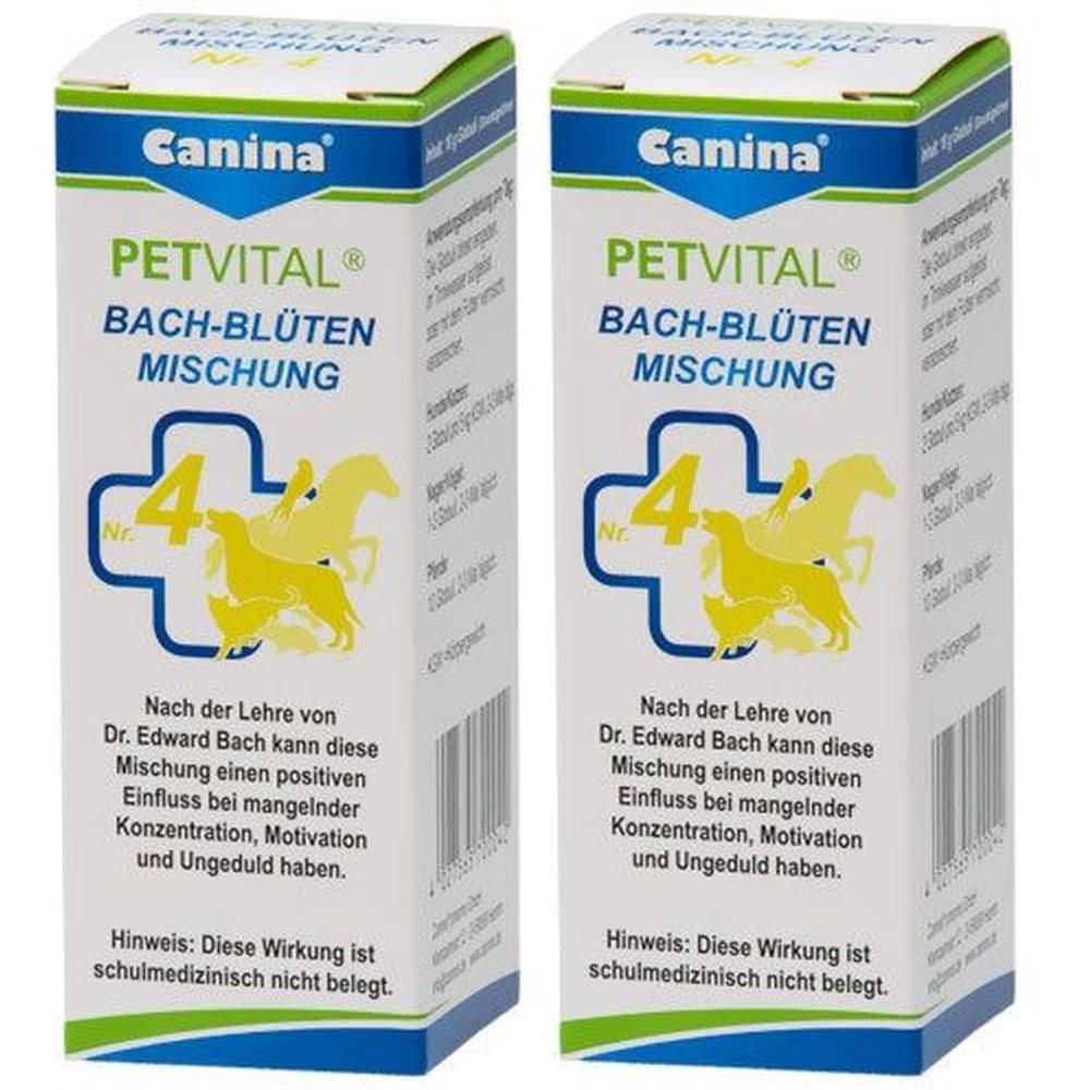 Zwei rechteckige Kartons. Aufschrift: PETVITAL Bach-Blüten Mischung Nr. 4. Logo mit Hund und Pferd. Marke: Canina.