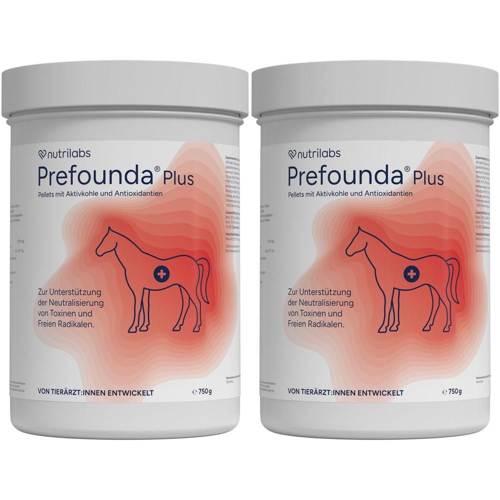 Zwei weiße Dosen mit roter Grafik eines Pferdes. Aufschrift: Prefounda Plus, mit Aktivkohle und Antioxidantien. Text: Zur Unterstützung der Neutralisierung von Toxinen.