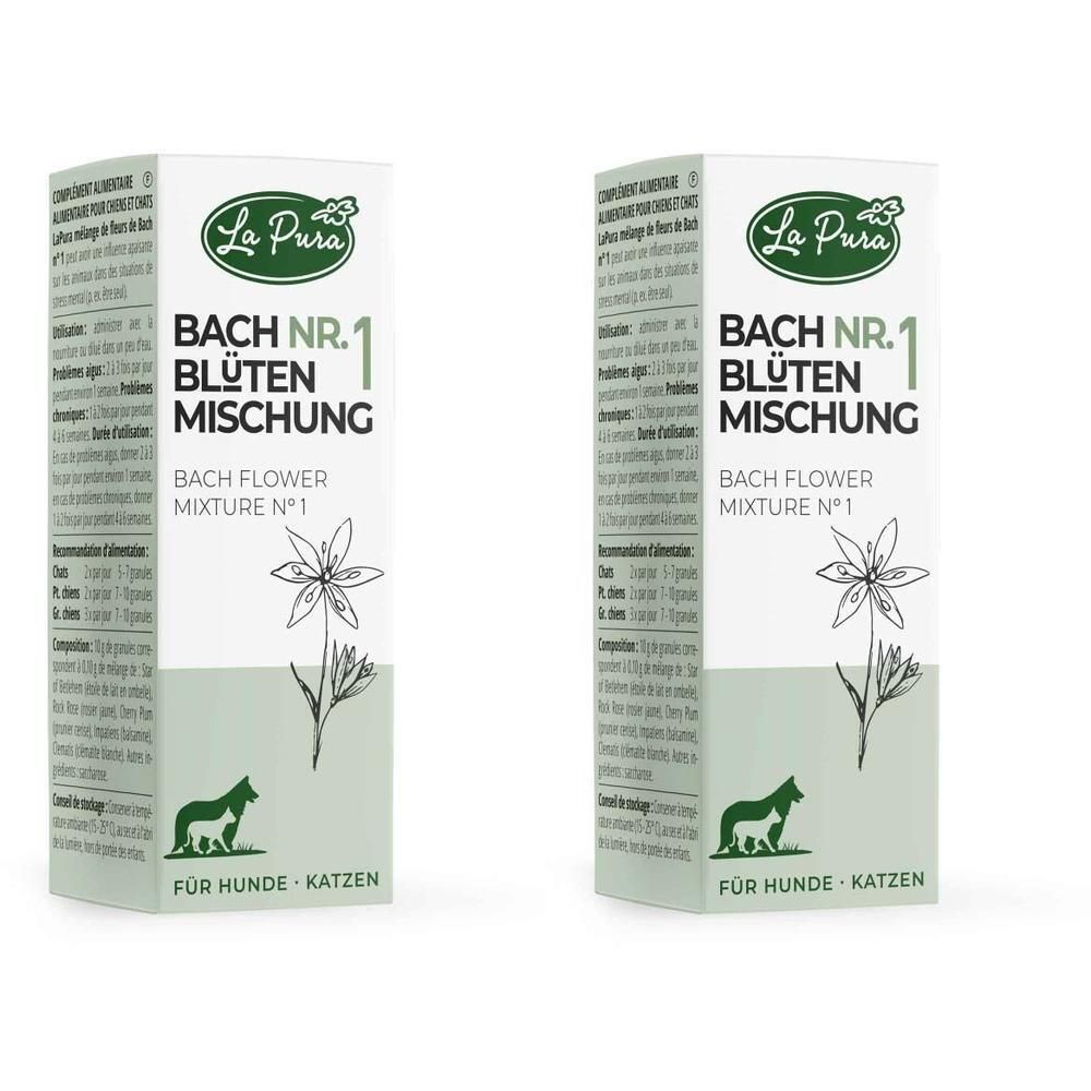 Zwei Packungen mit Bachblütenmischung Nr. 1. Aufdruck: La Pura, Bachblütenmischung, für Hunde und Katzen.