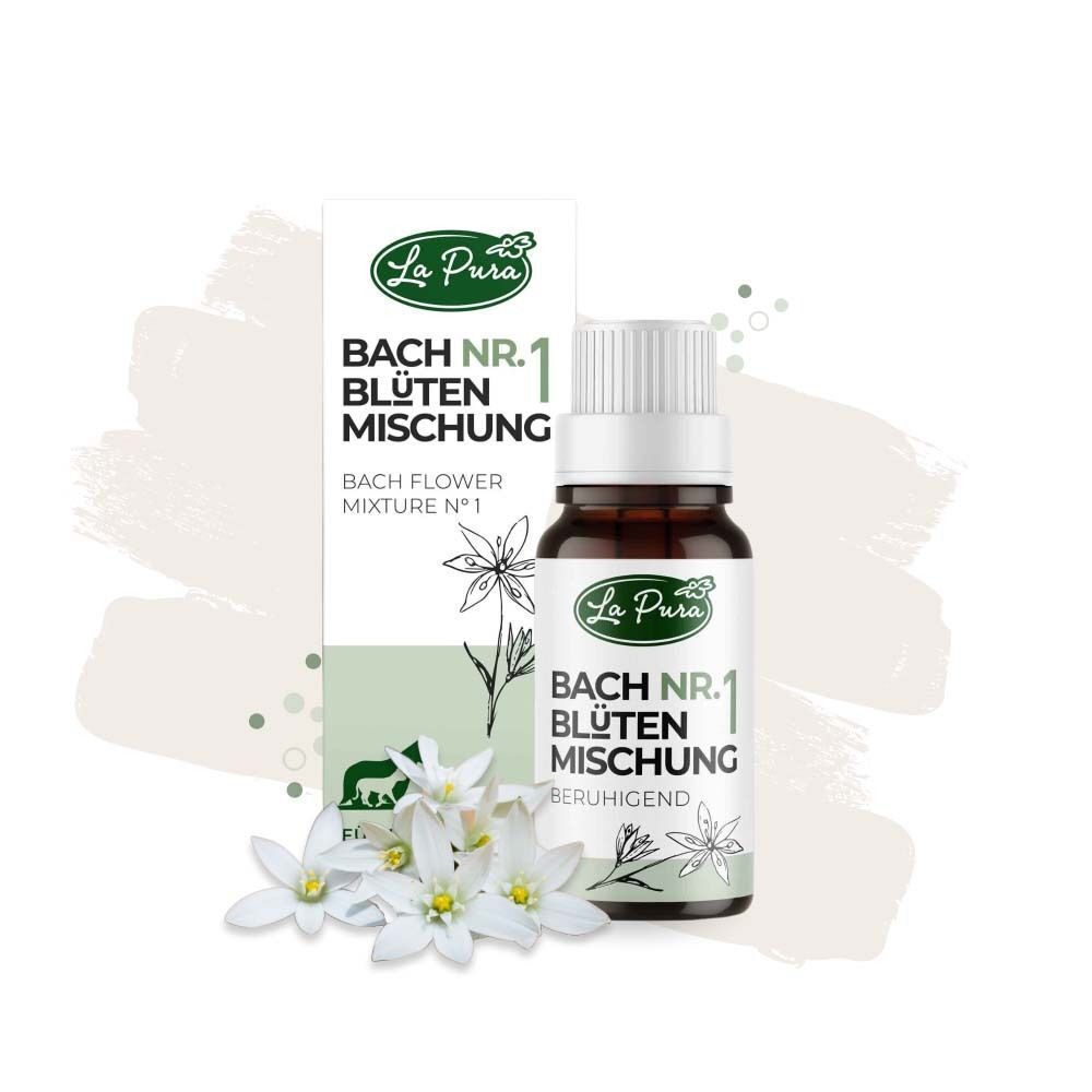 Produktflasche und Verpackung mit Blüten. Aufdruck: La Pura, Bachblütenmischung Nr. 1, beruhigend.