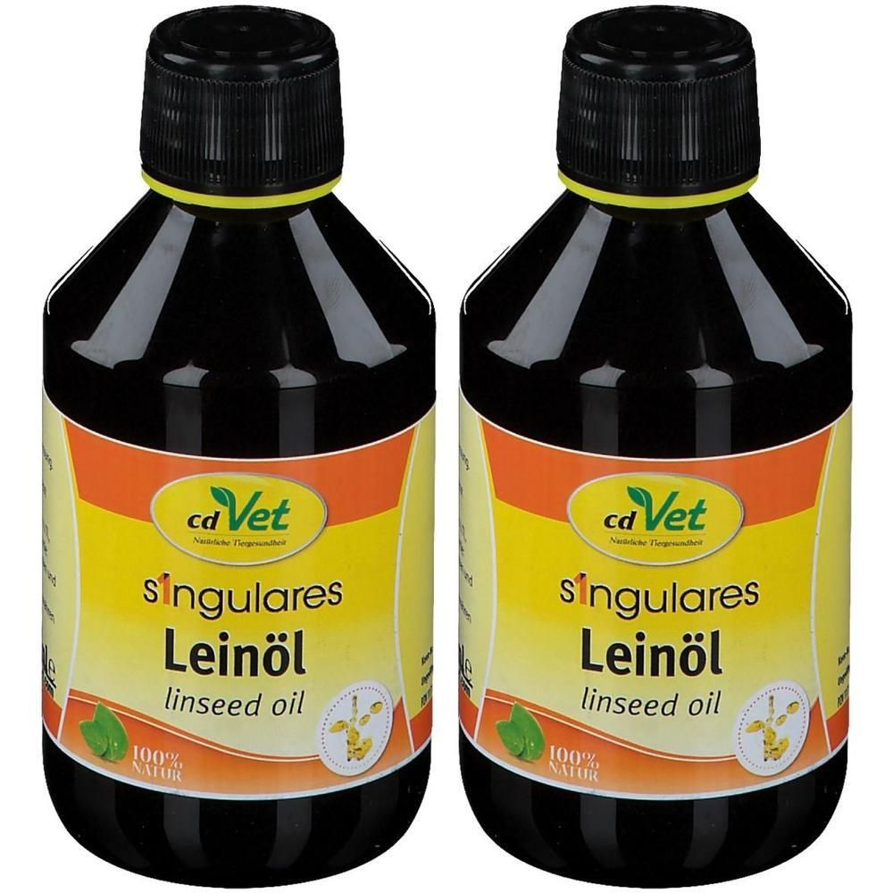 Zwei Flaschen Leinöl. Schwarze Flaschen mit gelb-orangen Etiketten. Aufschrift: singulares Leinöl, linseed oil. Marke: cdVet.