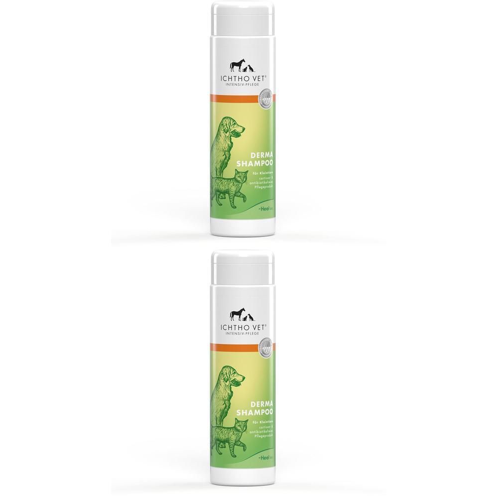 Zwei Flaschen ICHTHO VET Derma-Shampoo f.Kleintiere. Weiße Flaschen mit grünen und gelben Etiketten. Logo mit Hund und Katze.