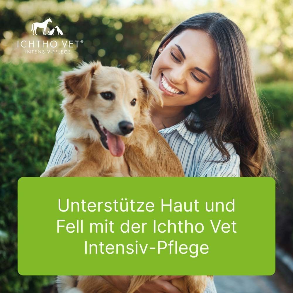 Eine Frau umarmt einen Hund. Text: Unterstütze Haut und Fell mit der Ichtho Vet Intensiv-Pflege.