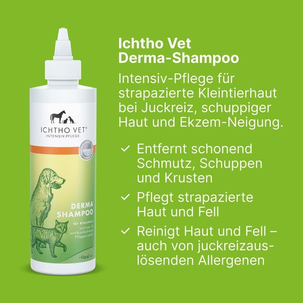 ICHTHO VET Derma-Shampoo. Flasche mit Dosierspitze. Text: Intensiv-Pflege für strapazierte Kleintierhaut bei Juckreiz, schuppiger Haut und Ekzem-Neigung.