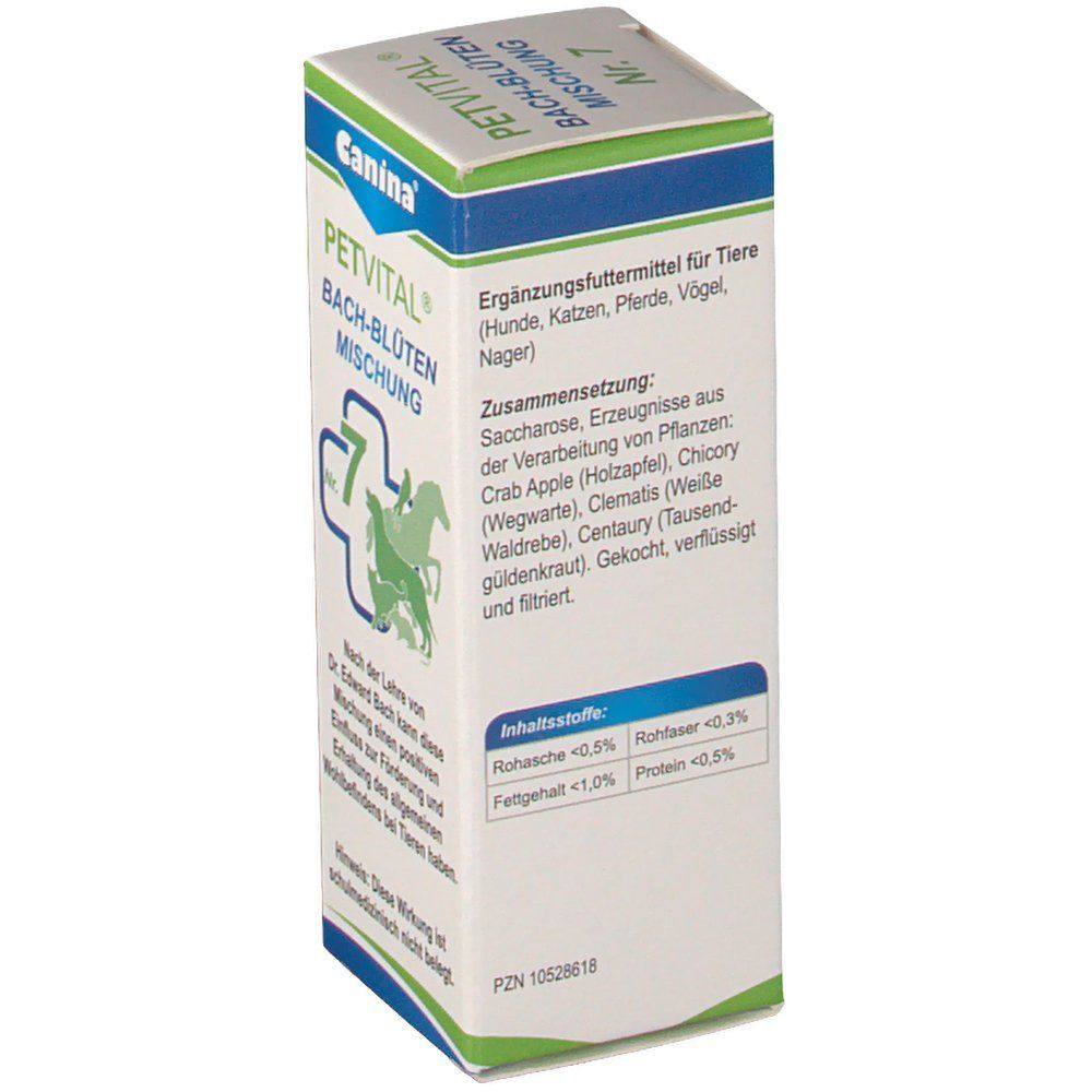 Rückseite der PETVITAL Bachblüten Nr. 7 Schachtel. Text über Ergänzungsfuttermittel für Tiere und Inhaltsstoffe.