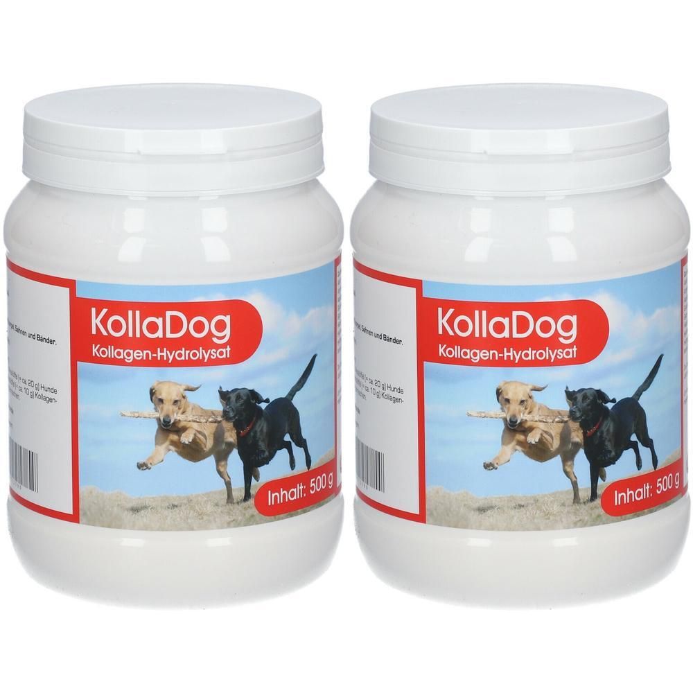 Zwei weiße Dosen mit Deckel. Aufschrift: KallaDog Kollagen-Hydrolysat. Abbildung von zwei Hunden. Inhalt: 500 g.