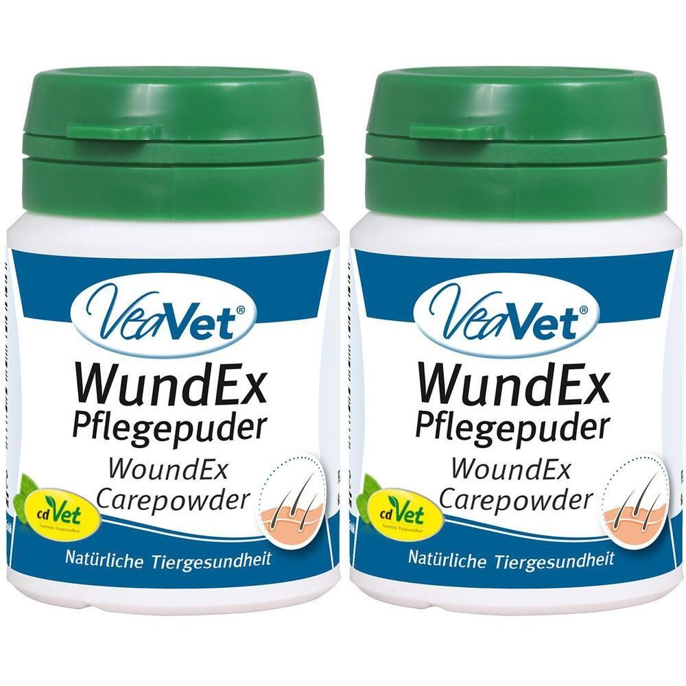 Zwei weiße Dosen mit grünem Deckel. Aufschrift: VeaVet WundEx Pflegepuder, WoundEx Carepowder. Logo: cd Vet. Natürliche Tiergesundheit.